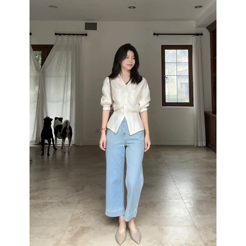 郭九九呢 气质收腰落肩袖长袖衬衫九分直筒牛仔裤 G925C01873