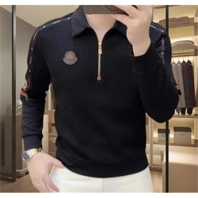 欧洲站高端秋冬季男士长袖polo衫卫衣时尚个性半拉链徽章翻领上衣