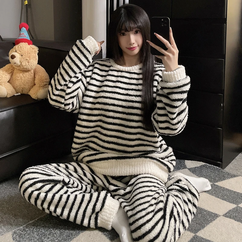 韩版时尚男女同款情侣睡衣冬保暖套头大码胖mm200斤家居服套装