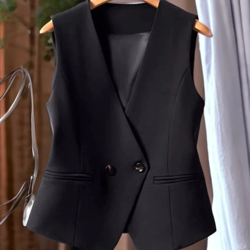 修身短款马甲春秋西装新款坎肩显瘦双排外穿气质背心黑色女款女士