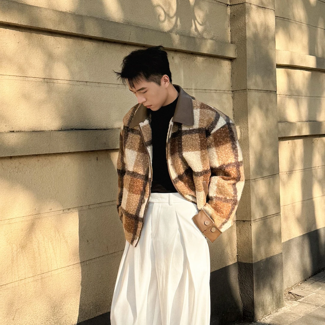 【OXOZ】秋冬季男款女款老钱休闲百搭宽松简约时尚格纹毛呢外套棉服