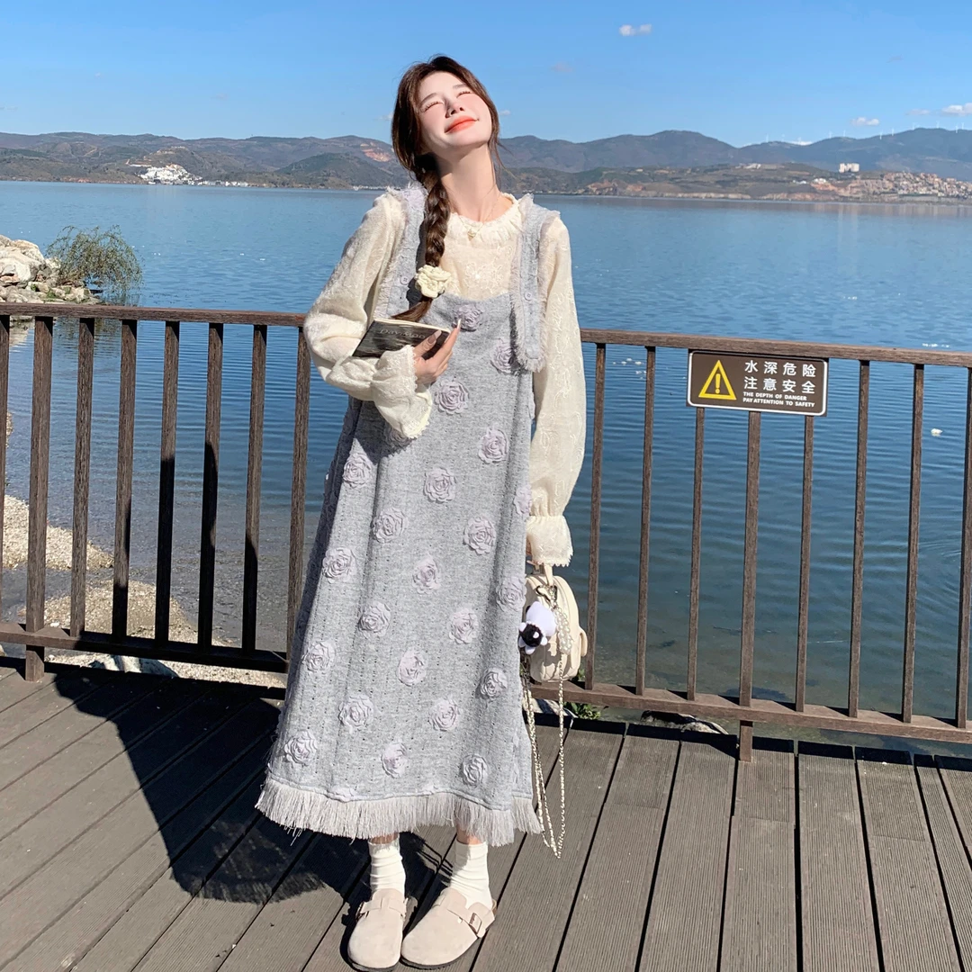 独特绝美小套装女2025春季新款浪漫风立体花朵背心裙打底衫两件套