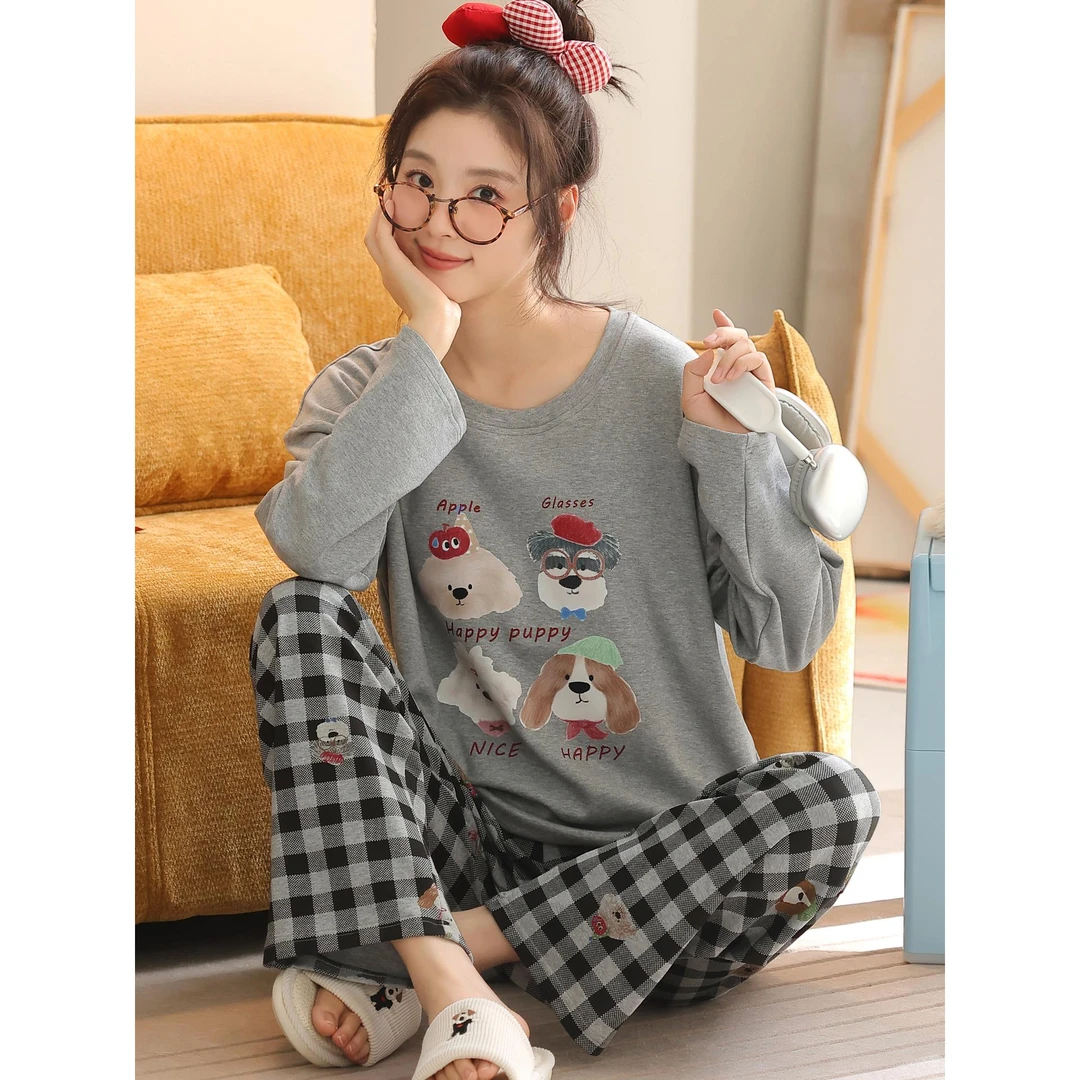 卡之恋睡衣女款长袖春秋季舒适灰色可爱狗狗睡裤格子家居服可外穿