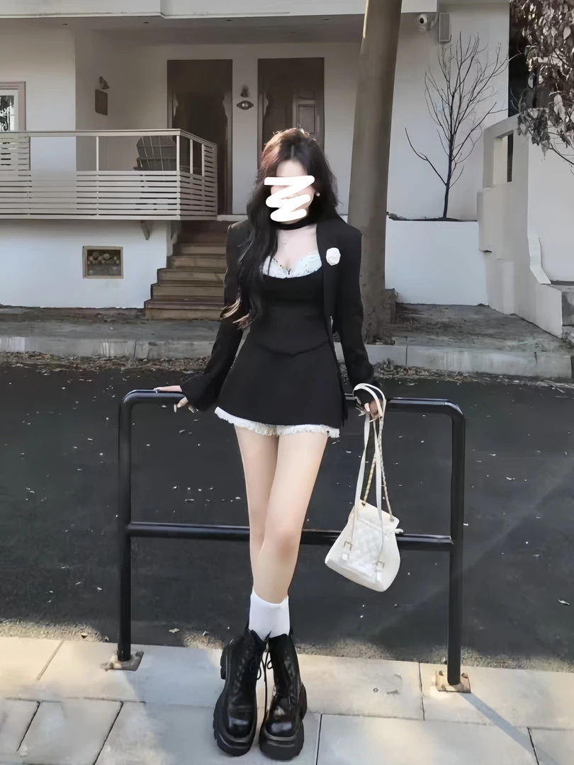 蔓蔓 法式气质学院风套装高级感短外套抹胸上衣蕾丝裤裙22812