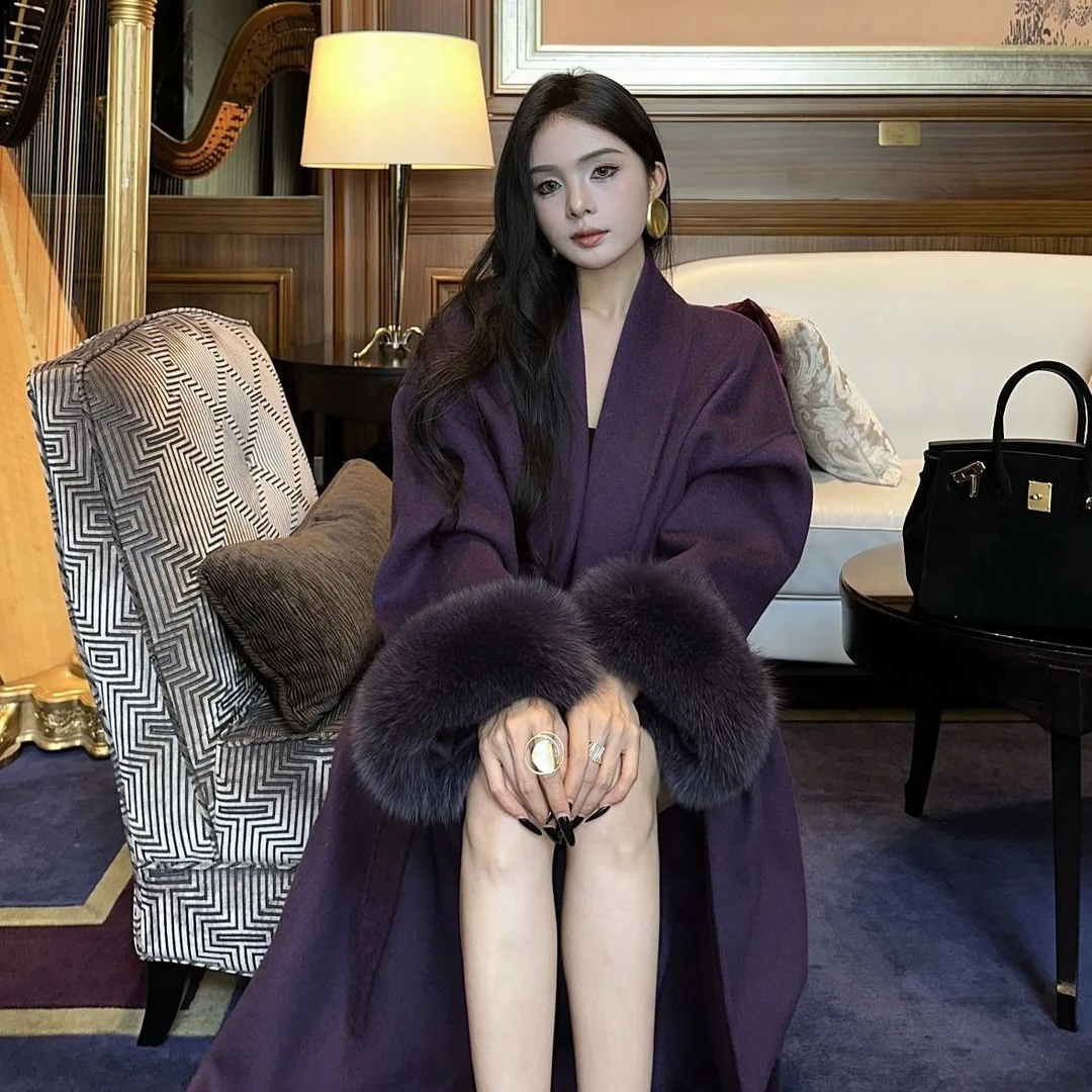 日光岛屿雪域绒间紫色高端双面羊毛大衣女狐狸毛皮草外套浴袍款气