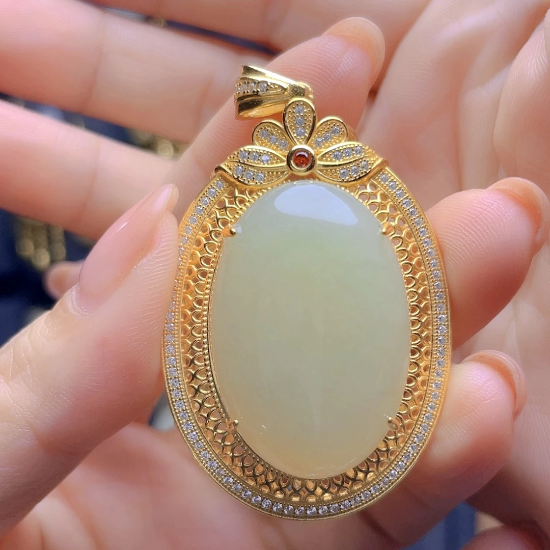 和田玉银S925镀金镶嵌颈饰