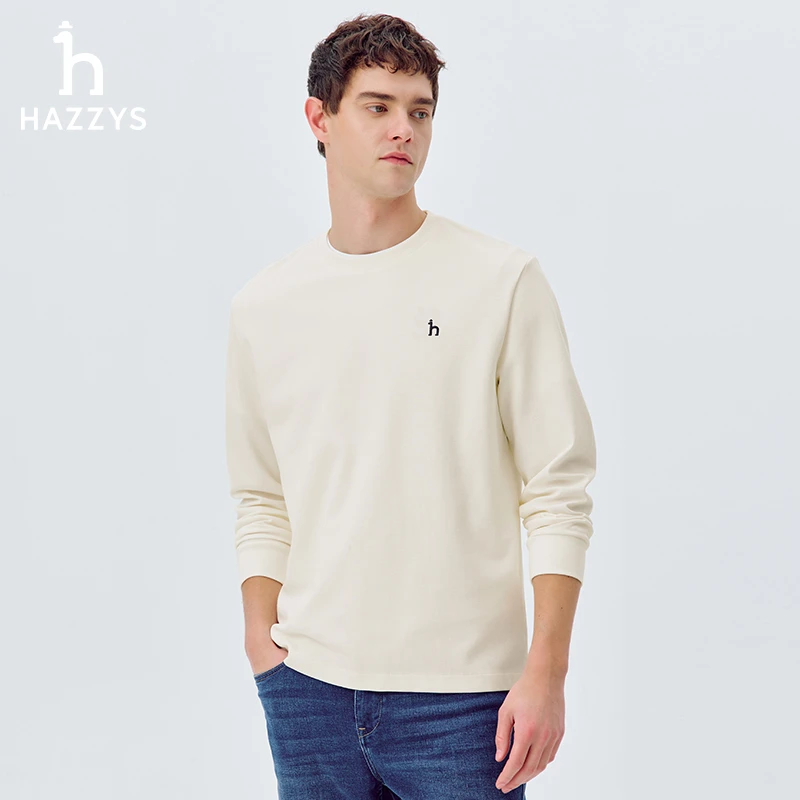 Hazzys哈吉斯春季男士休闲长袖卫衣时尚圆领套头上衣