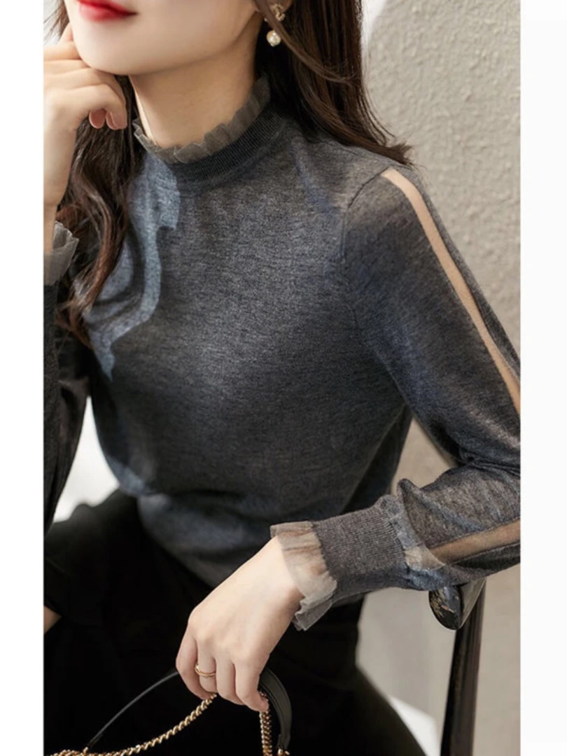 木耳边半高领针织打底衫女2025秋季新款法式上衣欧货内搭洋气小衫