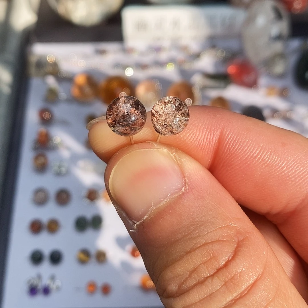 水晶耳钉银S925镶嵌粉幽灵水晶小球耳钉7.7mm