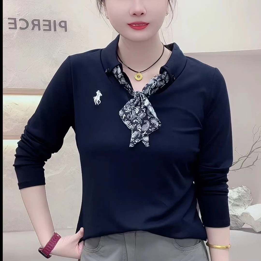 2025秋季新款韩版时尚百搭显瘦长袖T恤女围巾领设计小众洋气上衣