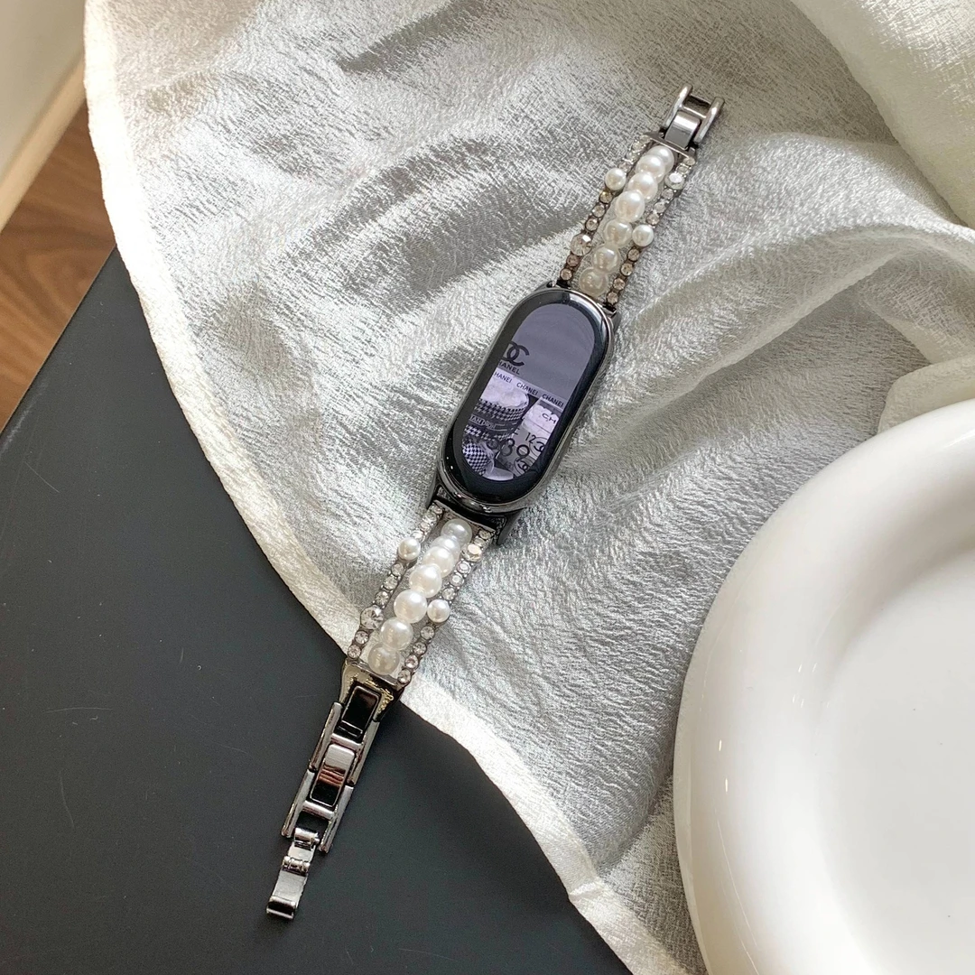 适用小米手环10/98表带珍珠镶钻手镯两侧水钻表带8Pro夏腕带红米5