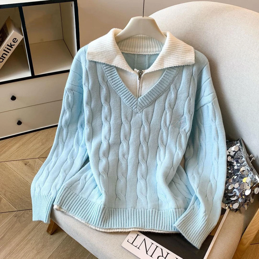 韩系baby蓝色假两件麻花毛衣女秋冬季慵懒风宽松软糯翻领针织上衣