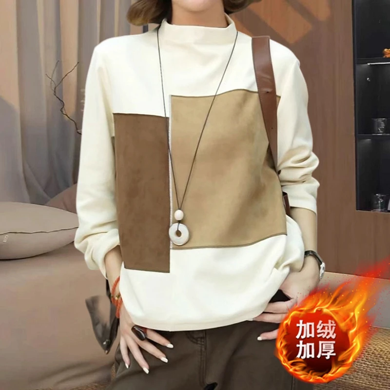 韩系时尚撞色立领百搭卫衣女2025冬季新款加绒宽松显瘦长袖上衣潮