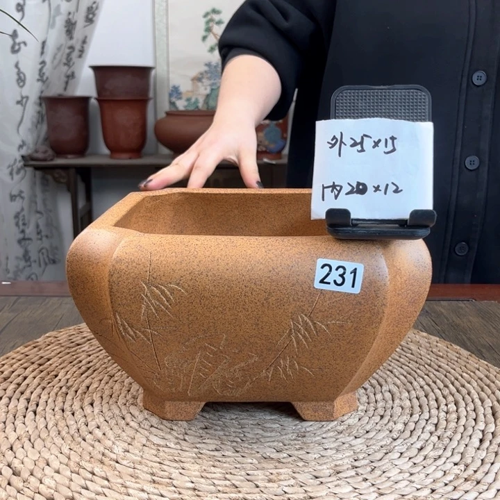 紫砂花盆特价柴烧竹刻切角四方231