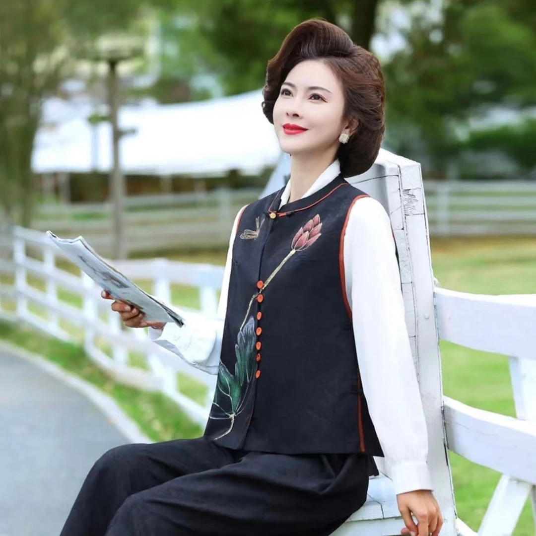 新中式国风盘扣正反面穿马甲唐装女士坎肩外套复古绘画荷叶马甲