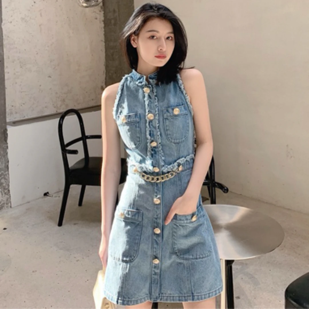 全新未使用 BALMAIN/巴尔曼 水洗蓝金扣牛仔裙/42码/备用扣/30199