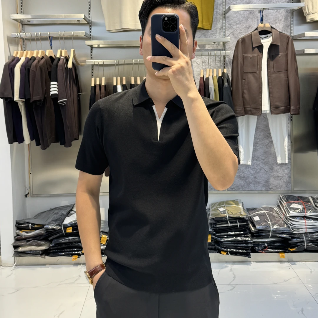 高端男士秋V Polo修身时尚洋气舒适针织短袖
