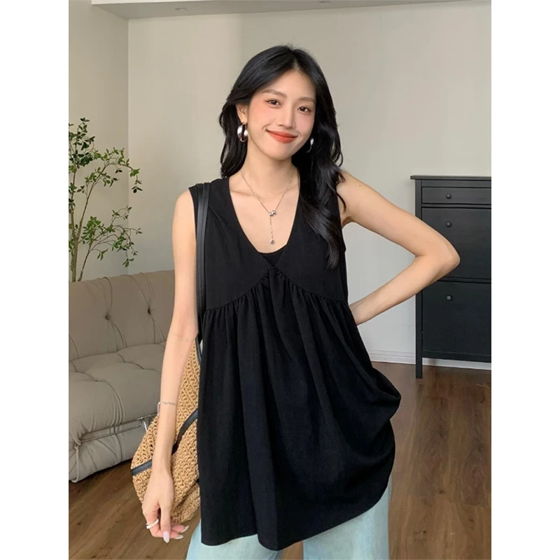 黑色v领拼接无袖背心女夏季薄款宽松显瘦慵懒风别致气质外穿上衣