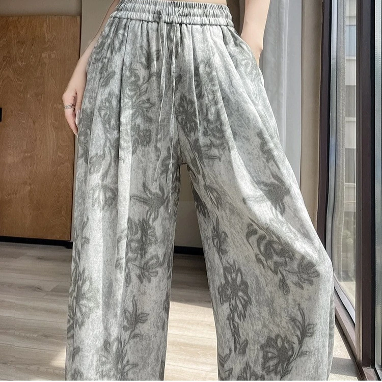 直筒女高腰直统休闲裤阔腿裤遮肉印花复古夏季显瘦女式垂坠感冰丝