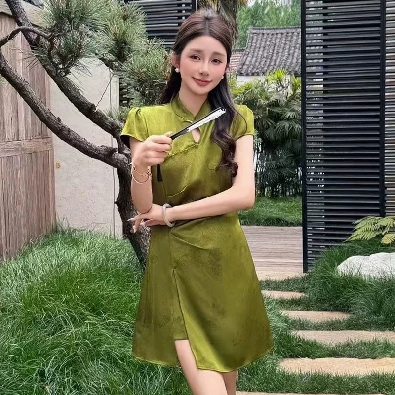 潼潼家【韵味浓郁】夏季大码时尚复古百搭显白改良旗袍短裤套装