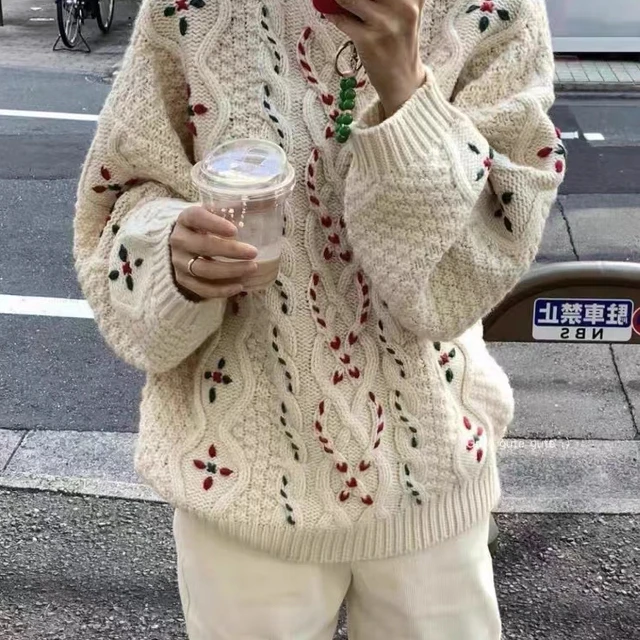 刺绣韩范高级感糖果混色慵懒风宽松毛衣女2025年秋冬新款针织衫厚