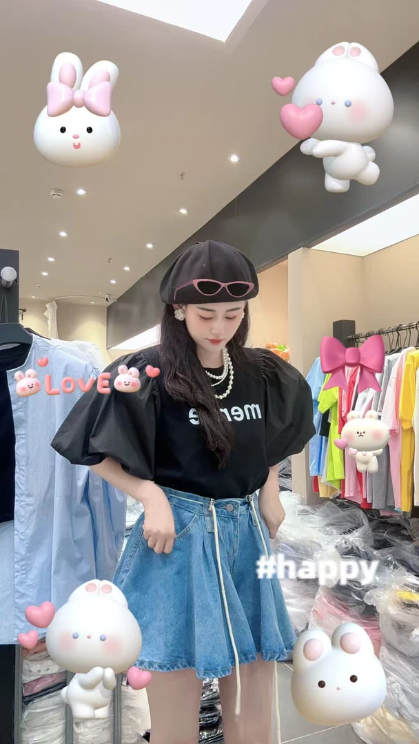 2025小娅黑色泡泡袖韩版圆领短袖纯色百褶印花T恤