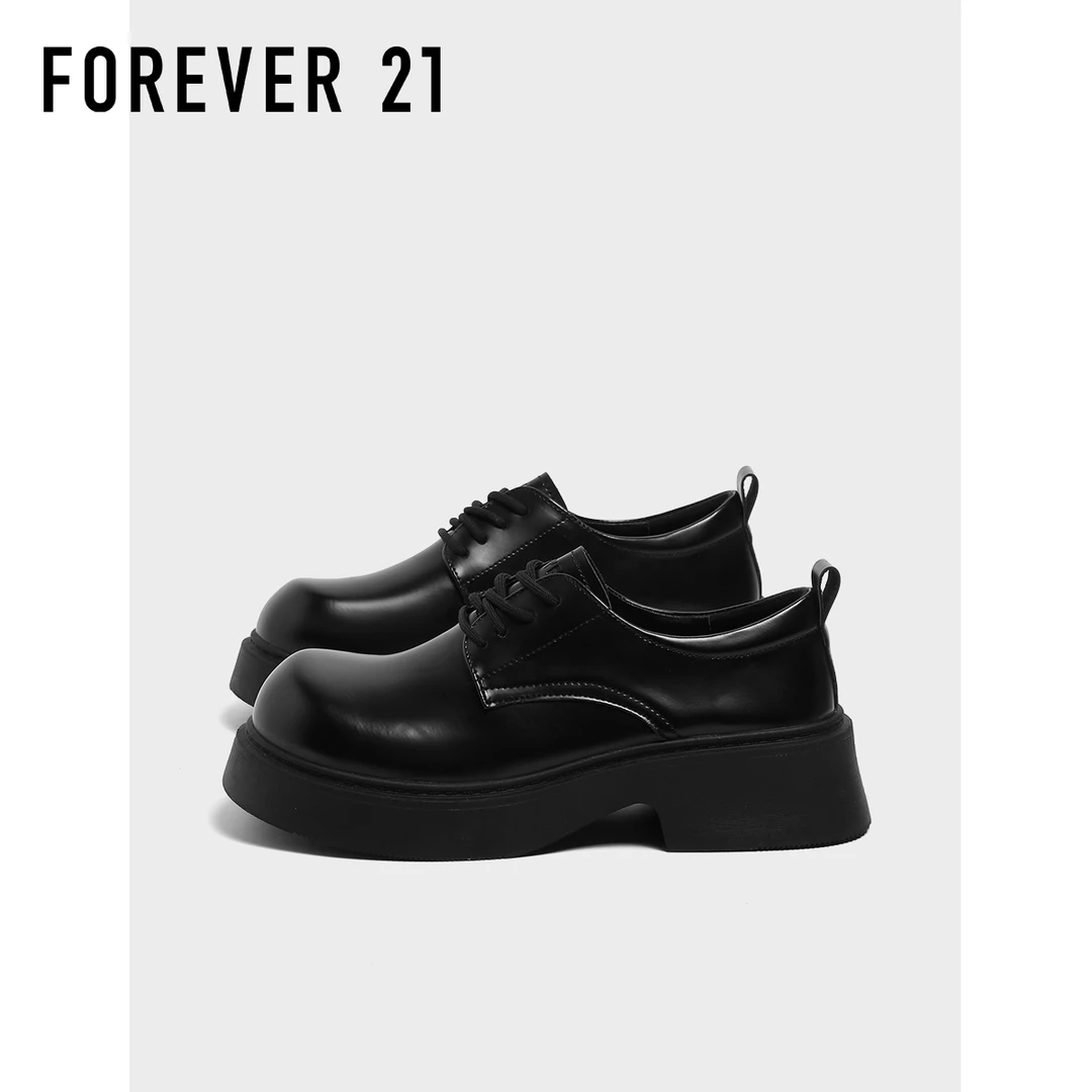 F21皮革拼接纯色系带复古休闲皮鞋单鞋皮鞋休闲增高厚底德比鞋男