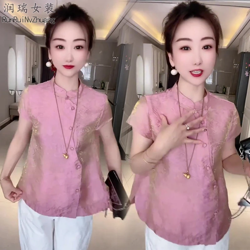 衬衫气质染色盘扣款新中式时尚立领夏季唐装T恤短袖国风女装2025