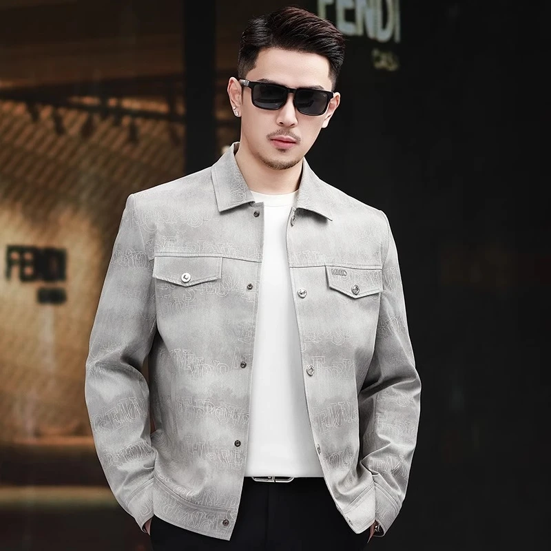 2025春秋季工装夹克男士字母印花翻领牛仔上衣男装休闲百搭外套潮