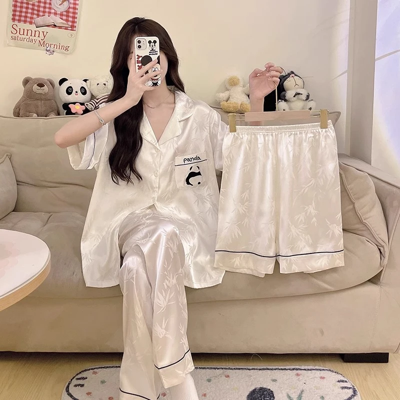熊猫睡衣女春秋季冰雪丝短袖长裤带胸垫大码三件套夏天家居服