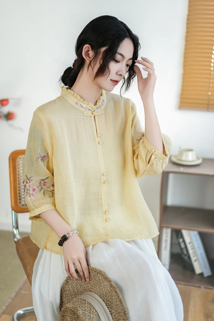中袖衬衫女夏季宽松衬衣2025流行新款别致绝美小衫气质苎麻上衣
