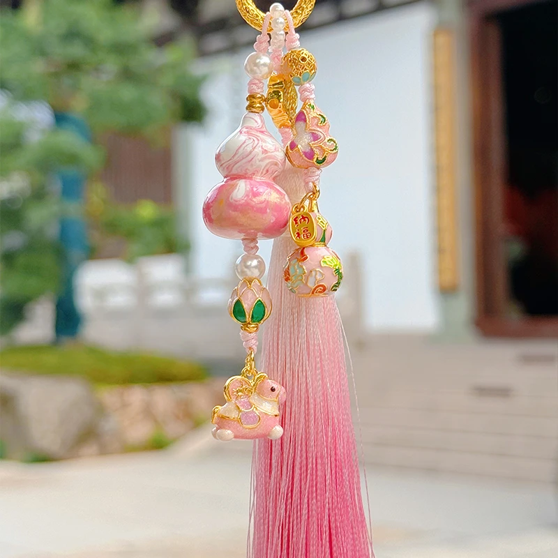 【抱富葫芦粉色流苏款】马上有米好云莲莲粉色大漆葫芦流苏挂件2723