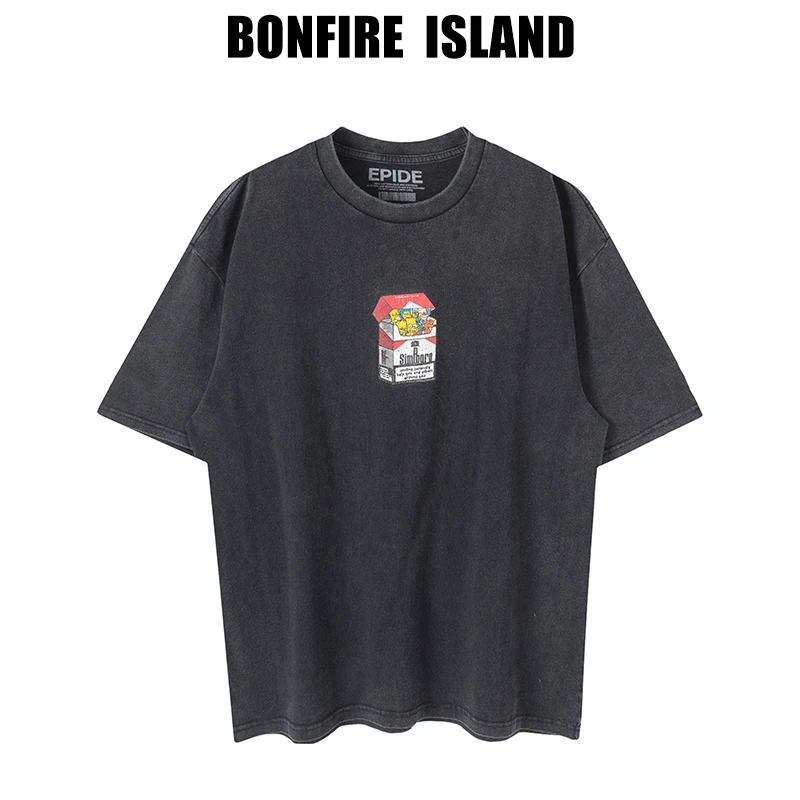 BONIS 美式复古水洗做旧炒色短袖美潮爆裂印花小众纯棉宽松上衣