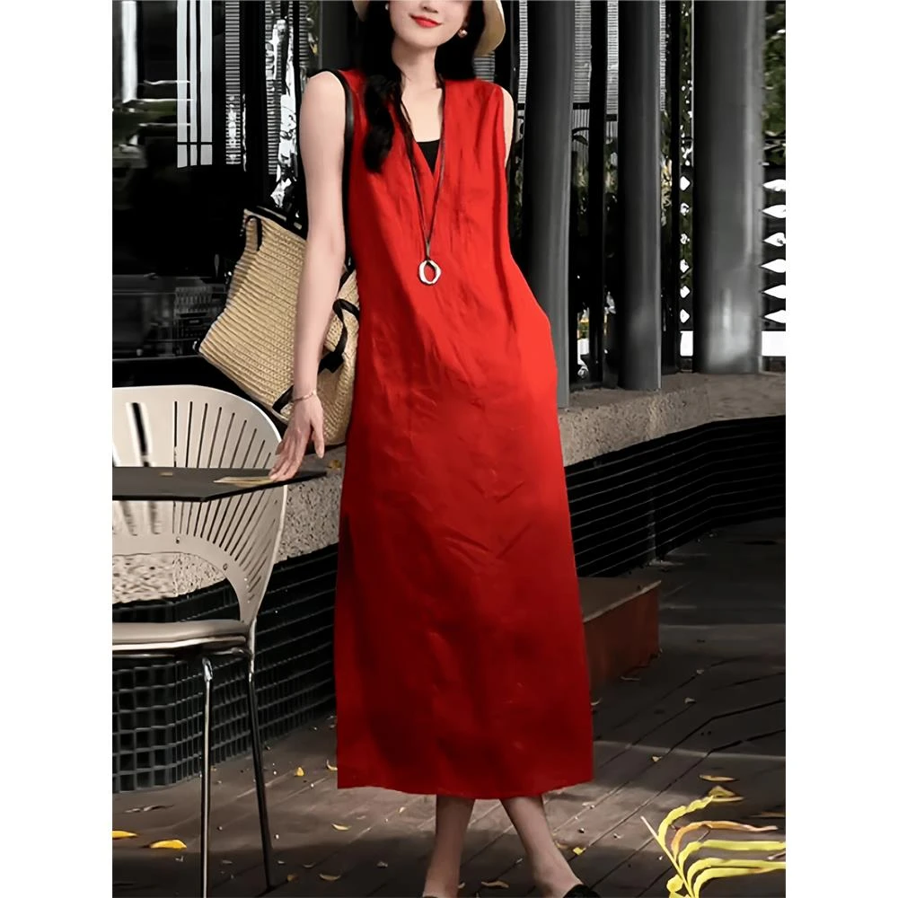 红色V领亚麻无袖连衣裙2025新款女夏季轻奢高级感宽松长裙子女夏