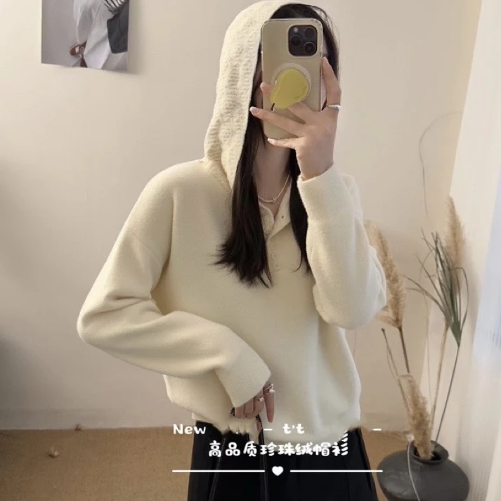 88018 帽衫设计感高品质珍珠绒毛衣