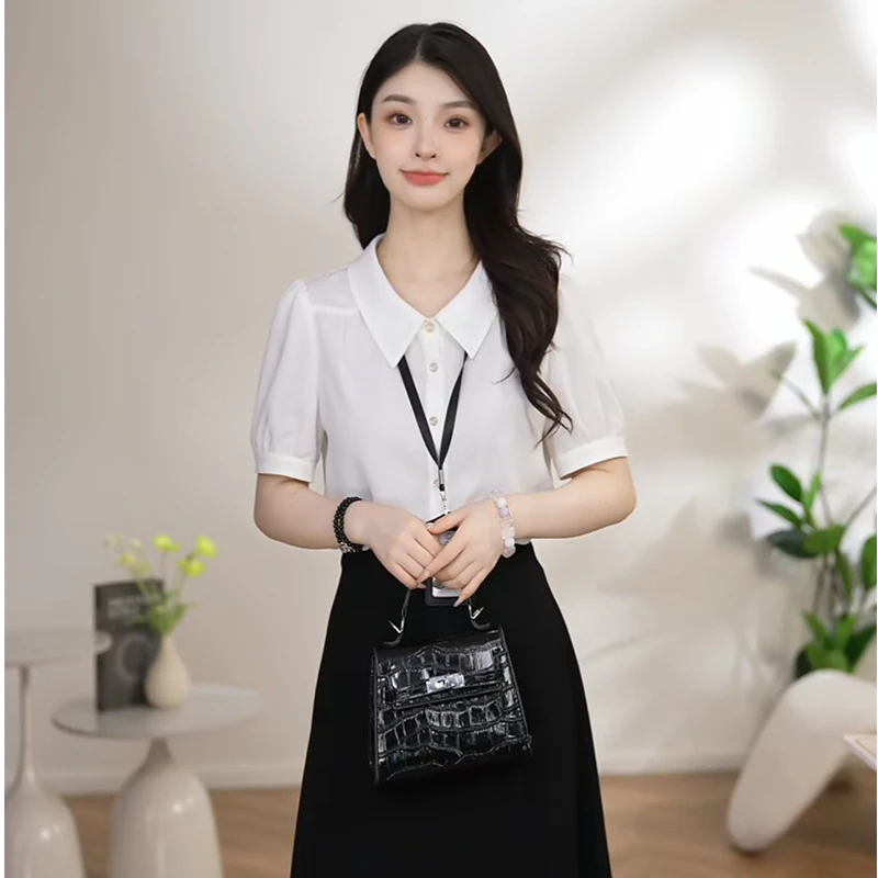 【曼贝】2025新款白色爆款上衣百搭时尚短袖衬衫8592326A【珮珮】