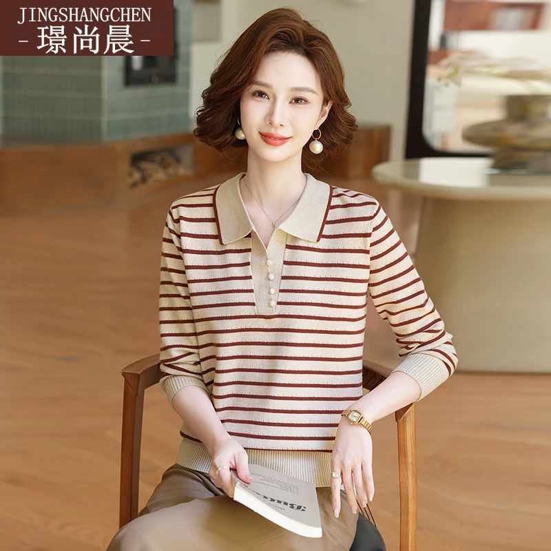妈妈春秋装针织打底衫40到50岁毛衣中老年女新款气质条纹翻领上衣
