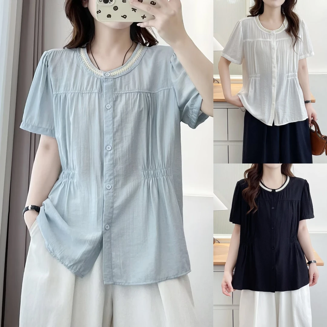 夏季气质圆领微胖mm大板型加宽加大码女装短袖收腰显瘦衬衫衬衣