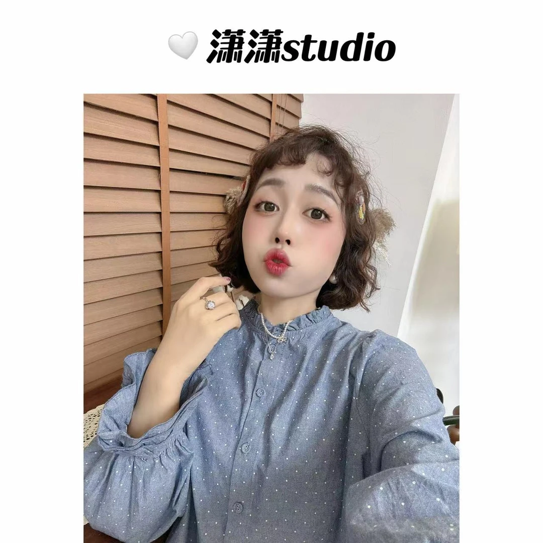 【小圆点】潇潇三层喇叭袖圆领定制小圆点面料韩系百搭衬衣XM1026