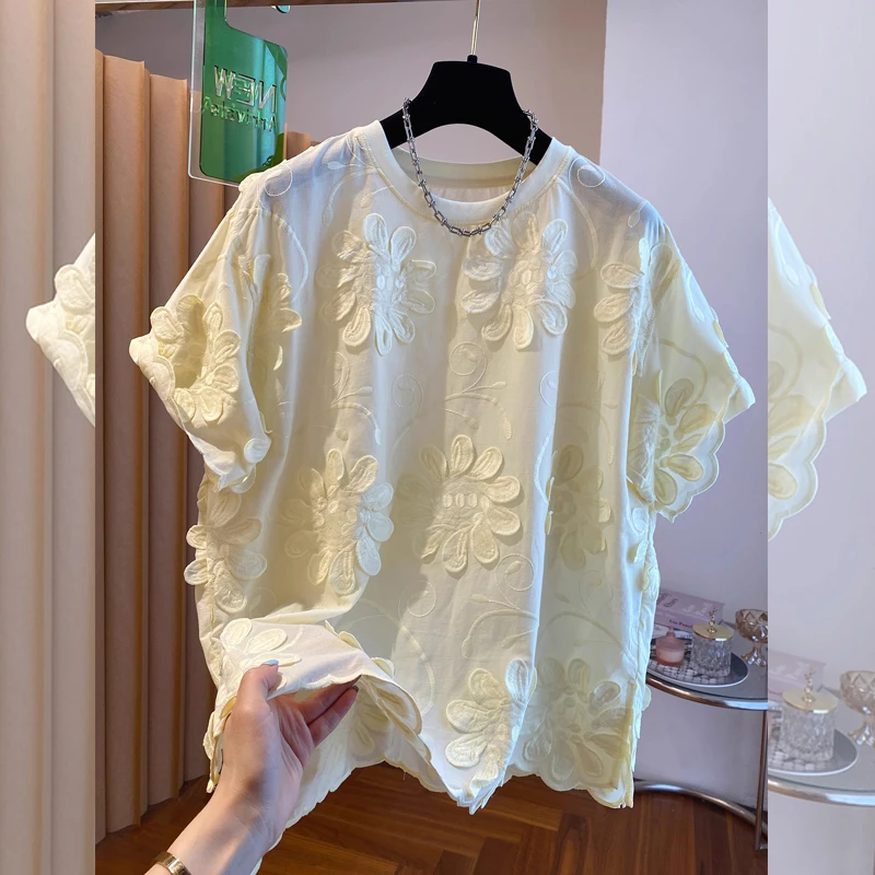 大码立体花朵短袖T恤女夏季新款宽松显瘦时尚韩版减龄高级感上衣