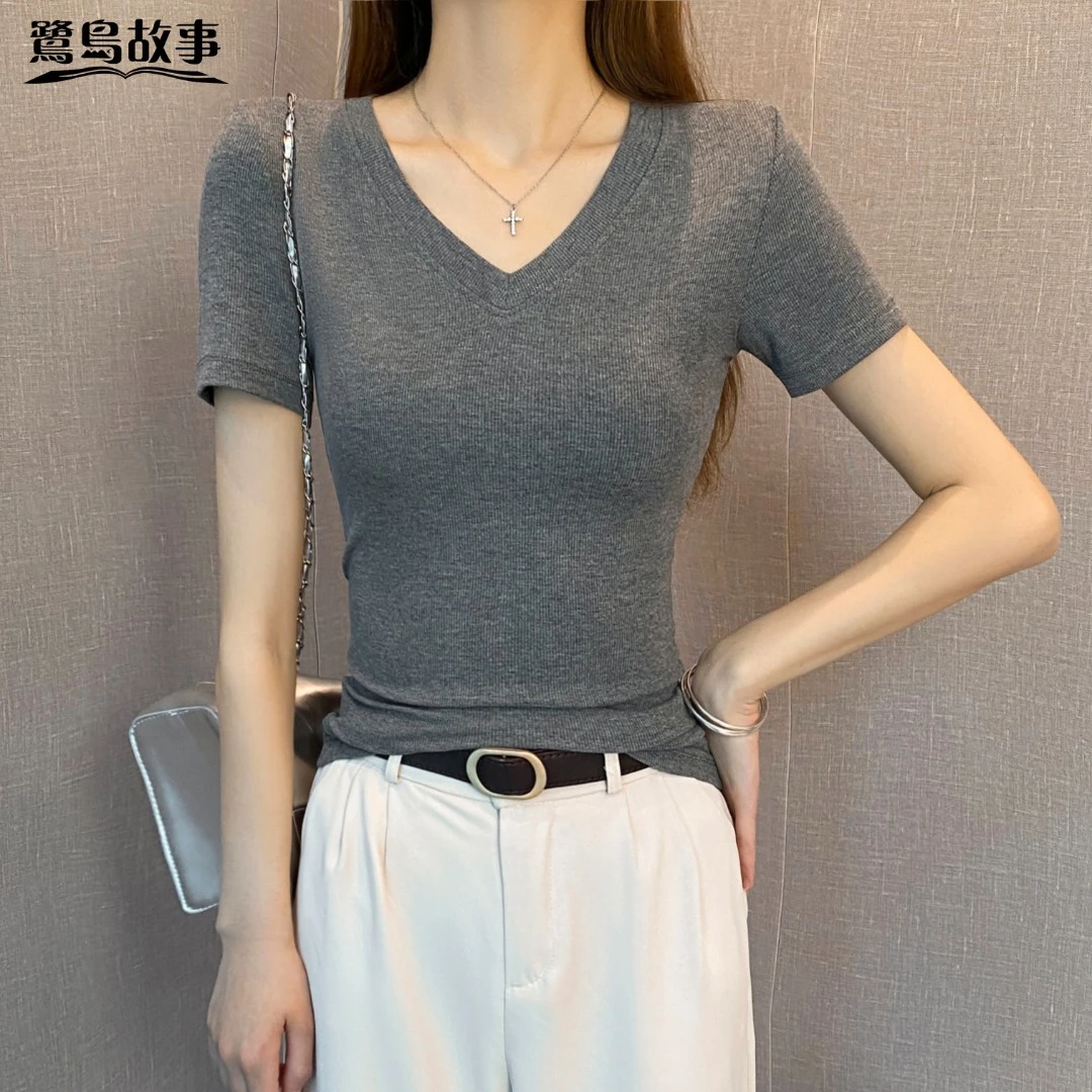 鹭岛故事螺纹V领短袖t恤女夏季低领修身打底衫百搭显瘦半袖上衣潮
