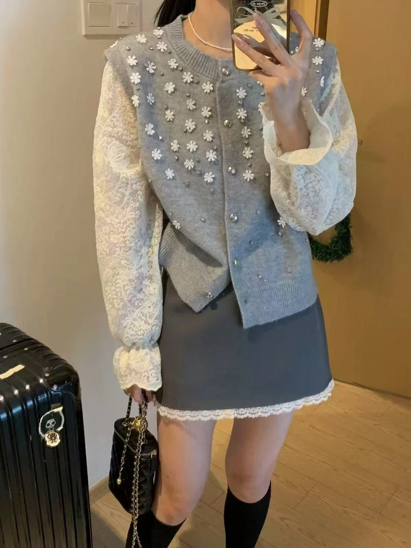 蜜柚家 春款假两件蕾丝拼接毛衣开衫