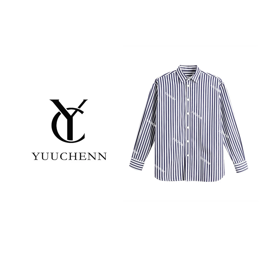 【YUUCHENN】设计感翻领长袖蓝色条纹衬衫氛围感时尚纯棉上衣C 0038