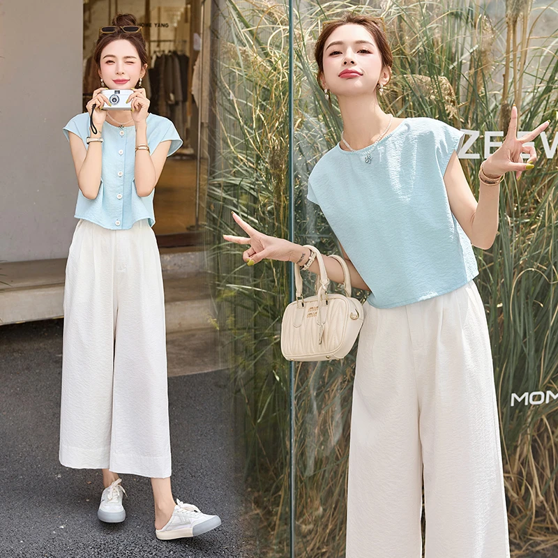 小个子时尚显瘦套装女2025夏季新款高级感洋气休闲阔腿裤两件套潮