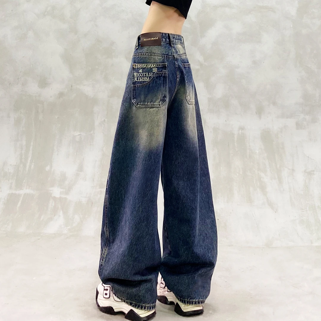 帅气拼接设计复古牛仔弯刀裤女冬新款高腰宽松显瘦百搭直筒香蕉裤
