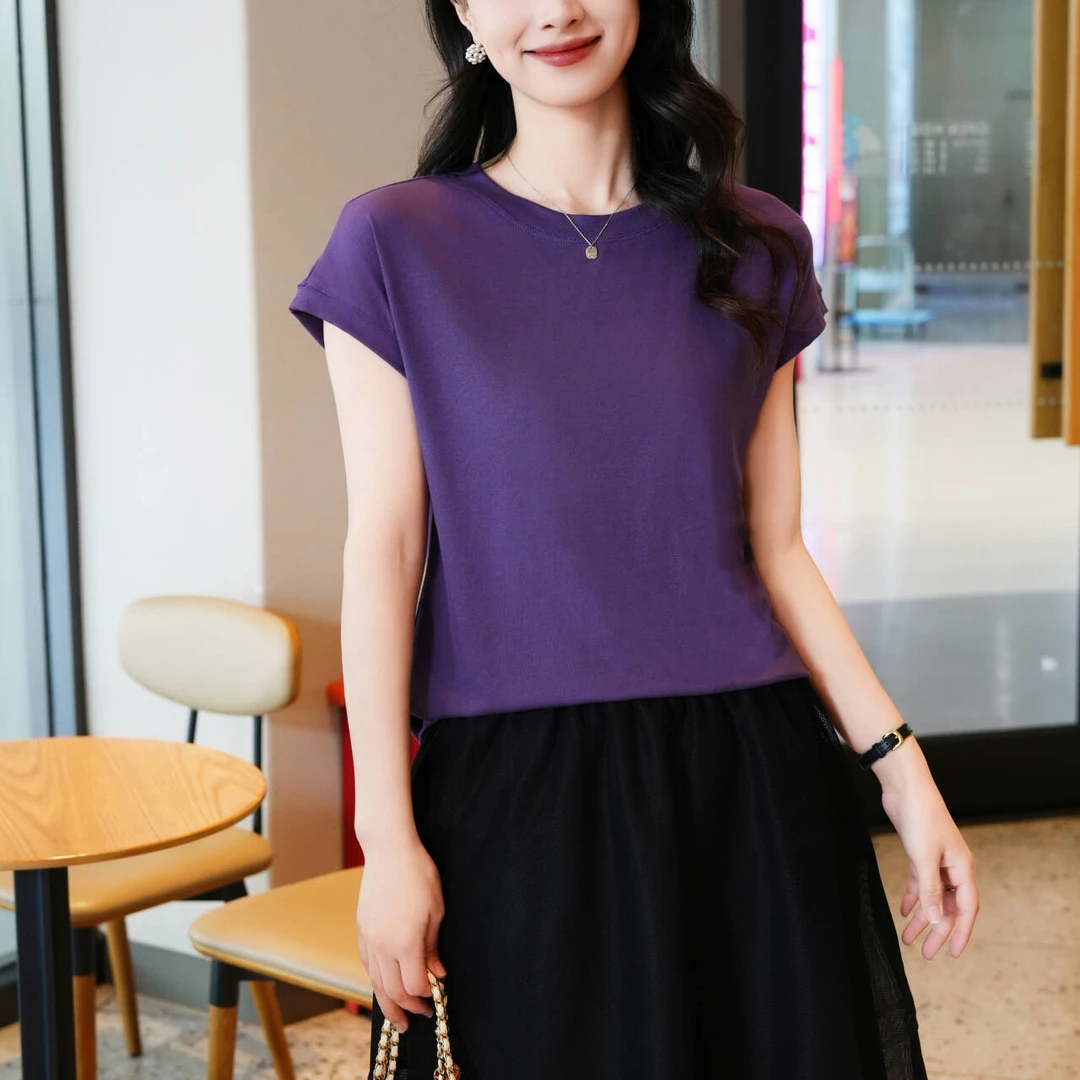 【专柜正品】圆领大码飞飞袖T恤女夏季纯色宽松简约蝙蝠袖上衣8109