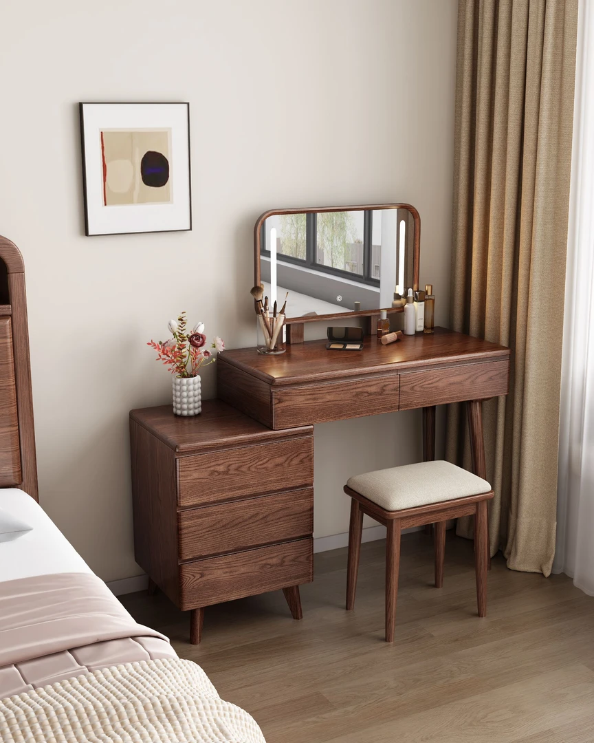 实木梳妆台化妆桌伸缩组装单人北欧风成人梳妆台收纳一体高清镜面
