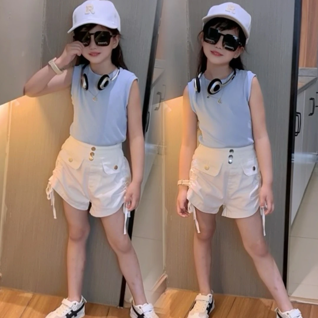 女童夏款套装中大童洋气休闲无袖针织背心白色抽绳短裤两件套
