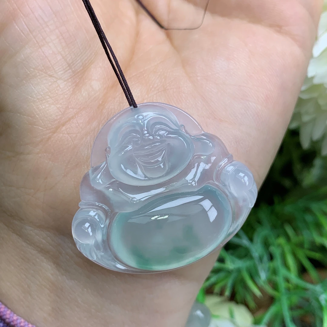 缅甸天然翡翠a货玉石高冰起光飘花佛公吊坠钟尺寸30.9/34.6/6.6mm