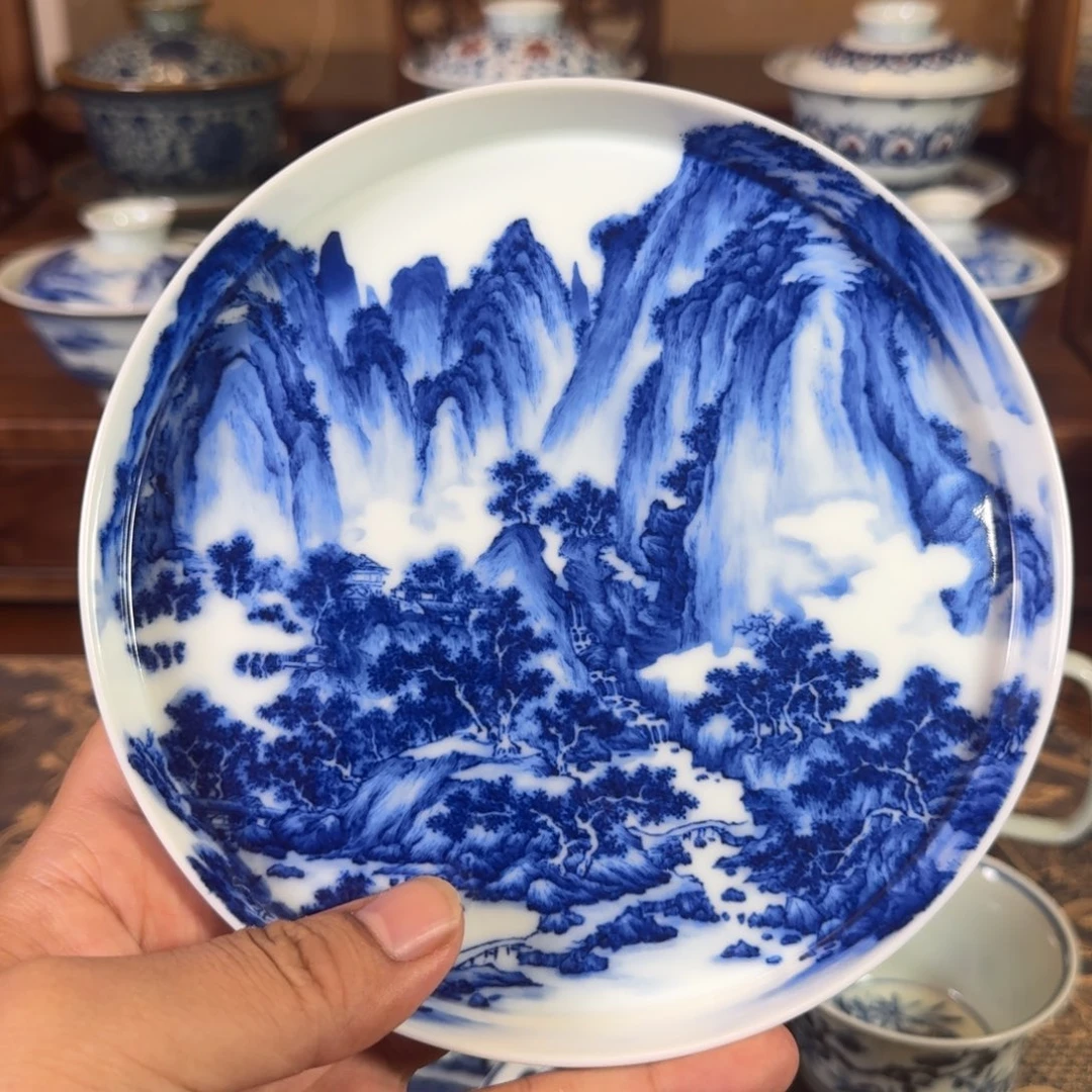 景德镇全手工手绘青花山水壶承